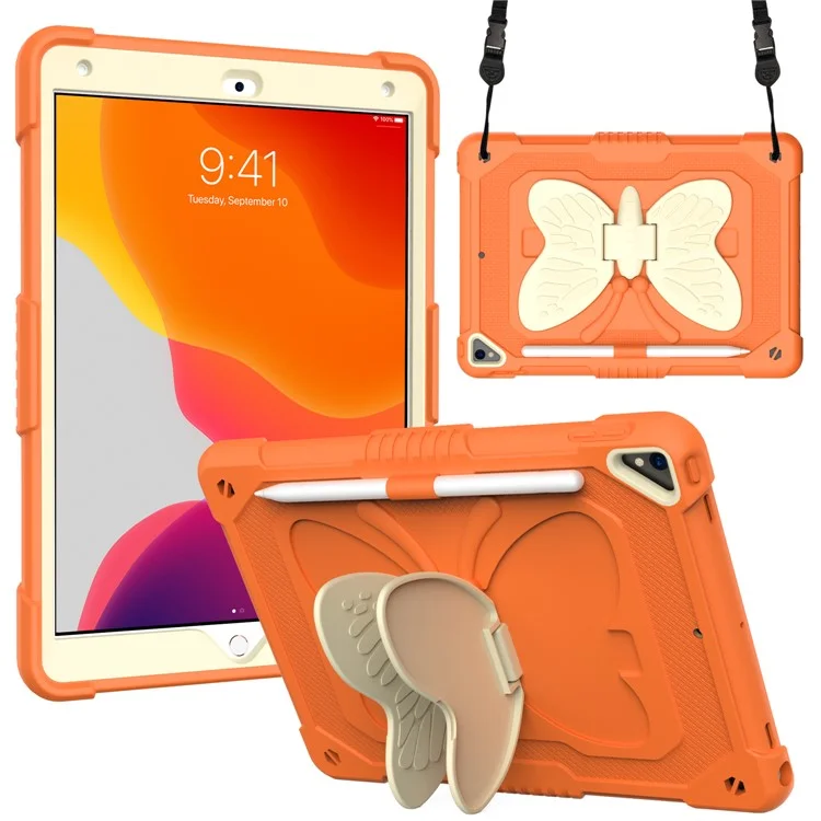 Dual-color PC + Silikon Butterfly Shape Kickstand Tablet Cover Case mit Schultergurt für iPad 10.2 (2021)/(2020)/(2019) - Beige/Orange