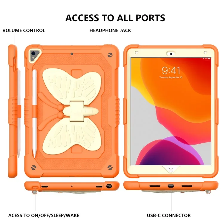 Dual-color PC + Silikon Butterfly Shape Kickstand Tablet Cover Case mit Schultergurt für iPad 10.2 (2021)/(2020)/(2019) - Beige/Orange