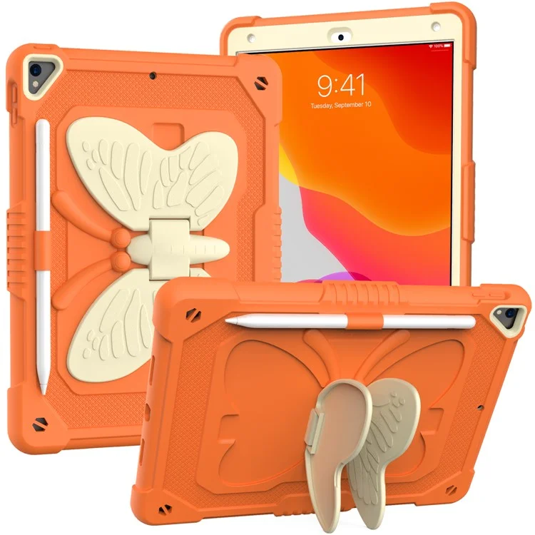 Dual-color PC + Silikon Butterfly Shape Kickstand Tablet Cover Case mit Schultergurt für iPad 10.2 (2021)/(2020)/(2019) - Beige/Orange