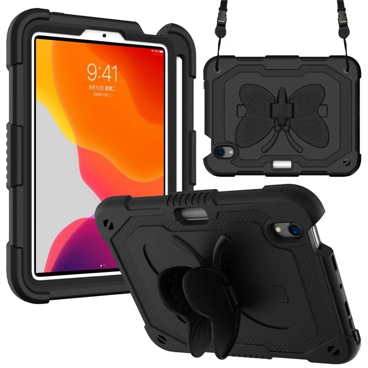 Solid Color PC + Silicone Tablet Cover Shell with Butterfly Shape Kickstand and Shoulder Strap for iPad mini (2024) / mini (2021) - Black