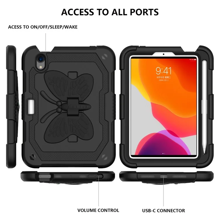 Solid Color PC + Silicone Tablet Cover Shell with Butterfly Shape Kickstand and Shoulder Strap for iPad mini (2024) / mini (2021) - Black