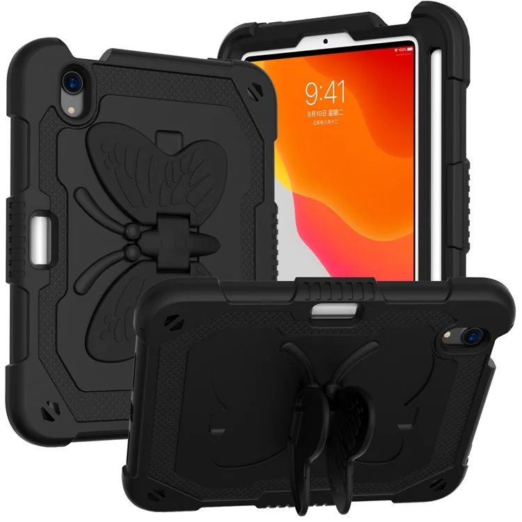 Solid Color PC + Silicone Tablet Cover Shell with Butterfly Shape Kickstand and Shoulder Strap for iPad mini (2024) / mini (2021) - Black