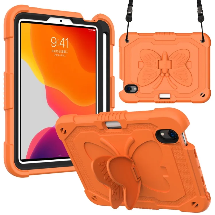 Solid Color PC + Silicone Tablet Cover Shell with Butterfly Shape Kickstand and Shoulder Strap for iPad mini (2024) / mini (2021) - Orange