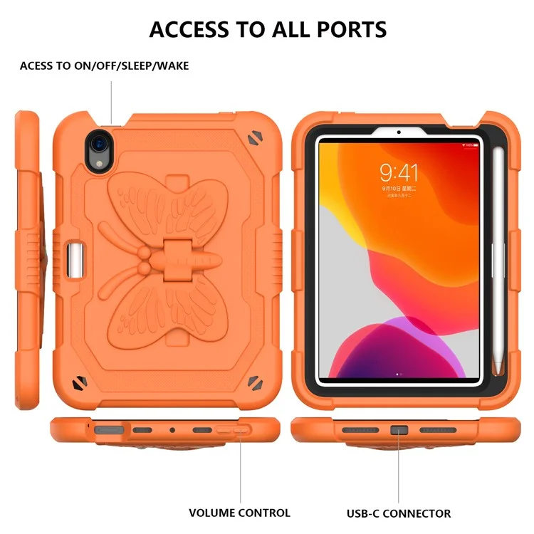 Solid Color PC + Silicone Tablet Cover Shell with Butterfly Shape Kickstand and Shoulder Strap for iPad mini (2024) / mini (2021) - Orange