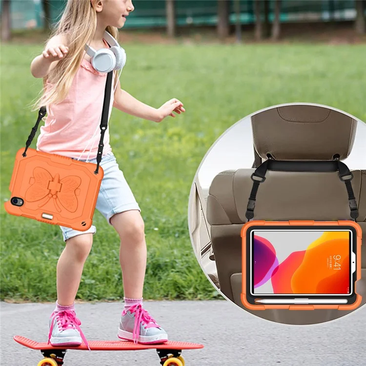 Solid Color PC + Silicone Tablet Cover Shell with Butterfly Shape Kickstand and Shoulder Strap for iPad mini (2024) / mini (2021) - Orange