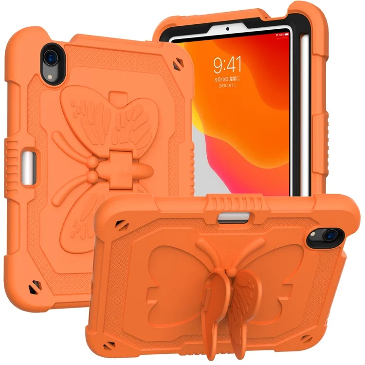 Solid Color PC + Silicone Tablet Cover Shell with Butterfly Shape Kickstand and Shoulder Strap for iPad mini (2024) / mini (2021) - Orange
