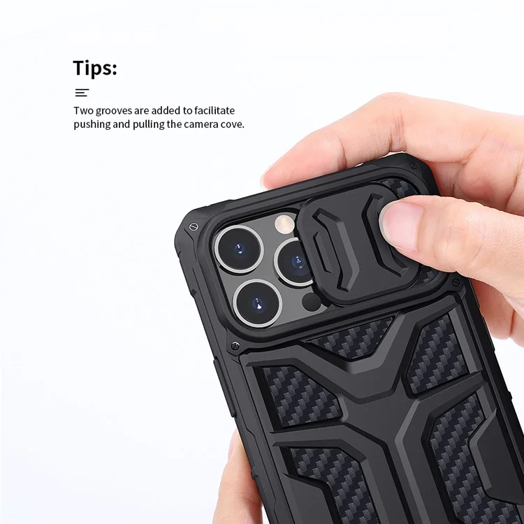 NILLKIN Adventurer Funda protectora de cámara Anti Deslizamiento de Panal de Abeja Dura Carcasa Protectora de Teléfono TPU+PC para iPhone 13 Pro Max 6.7 pulgadas - Negro 