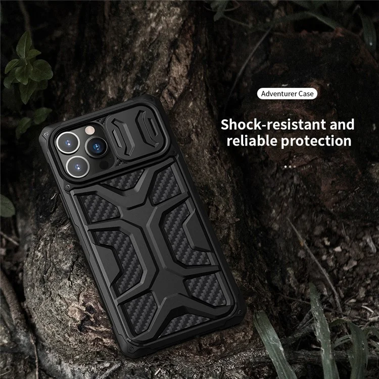 NILLKIN Adventurer Funda protectora de cámara Anti Deslizamiento de Panal de Abeja Dura Carcasa Protectora de Teléfono TPU+PC para iPhone 13 Pro Max 6.7 pulgadas - Negro 
