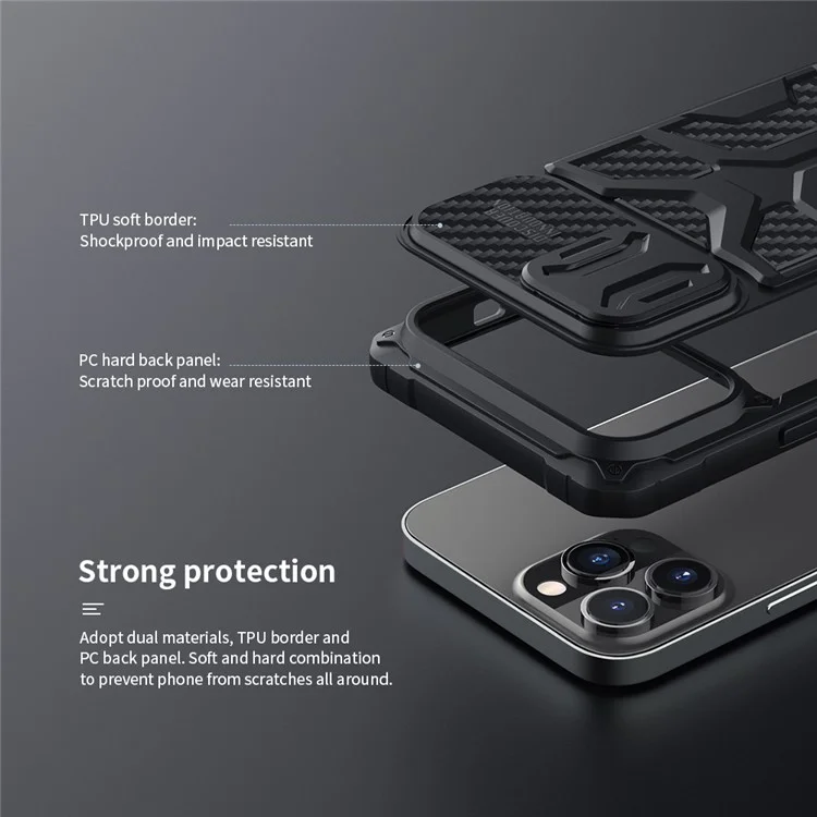 NILLKIN Adventurer Funda protectora de cámara Anti Deslizamiento de Panal de Abeja Dura Carcasa Protectora de Teléfono TPU+PC para iPhone 13 Pro Max 6.7 pulgadas - Negro 