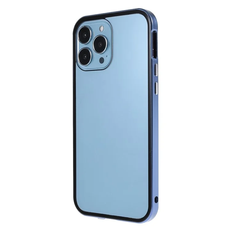 Privacy-Protected 35 Degrees Anti-Peep Shock-Proof Magnetic Metal Frame + Double-Sided Tempered Glass Phone Case for iPhone 13 Pro Max 6.7 inch - Blue