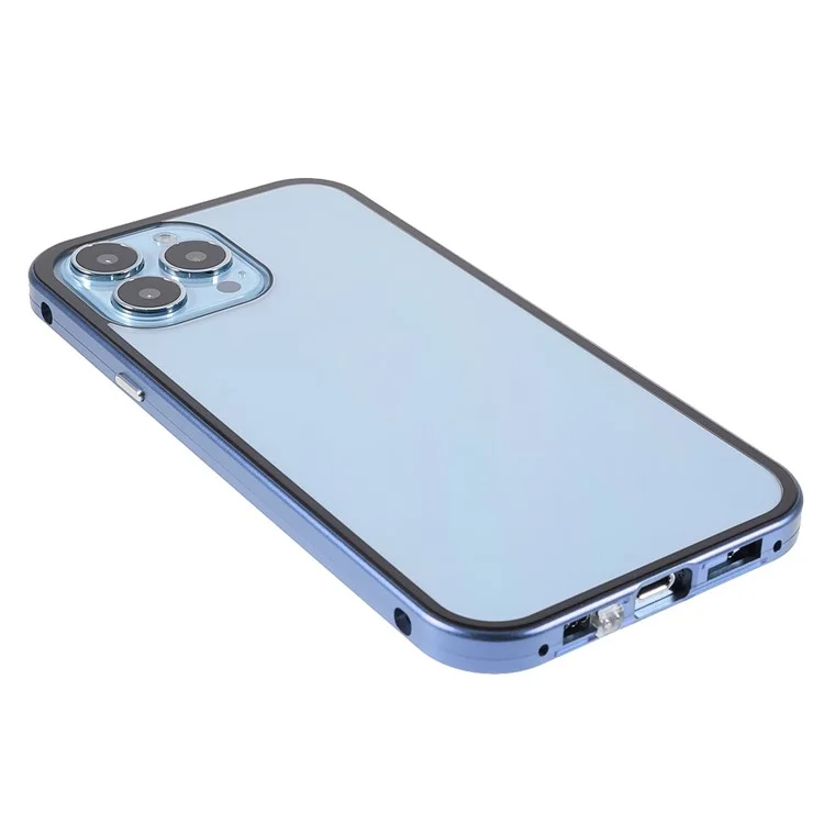 Privacy-Protected 35 Degrees Anti-Peep Shock-Proof Magnetic Metal Frame + Double-Sided Tempered Glass Phone Case for iPhone 13 Pro Max 6.7 inch - Blue