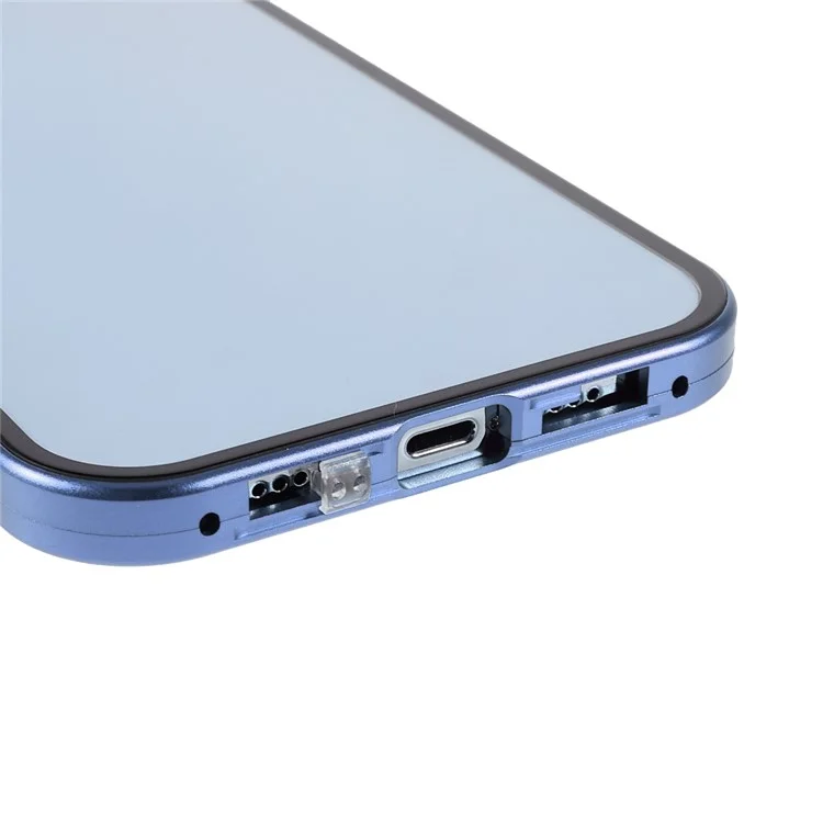 Privacy-Protected 35 Degrees Anti-Peep Shock-Proof Magnetic Metal Frame + Double-Sided Tempered Glass Phone Case for iPhone 13 Pro Max 6.7 inch - Blue
