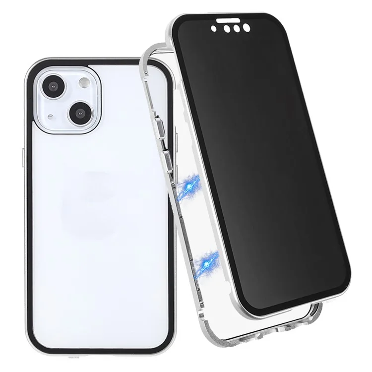 Carcasa de teléfono de metal con marco magnético resistente a los arañazos + vidrio templado de doble cara con protección antirreflejo de 35 grados para iPhone 13 mini de 5.4 pulgadas - Plata
