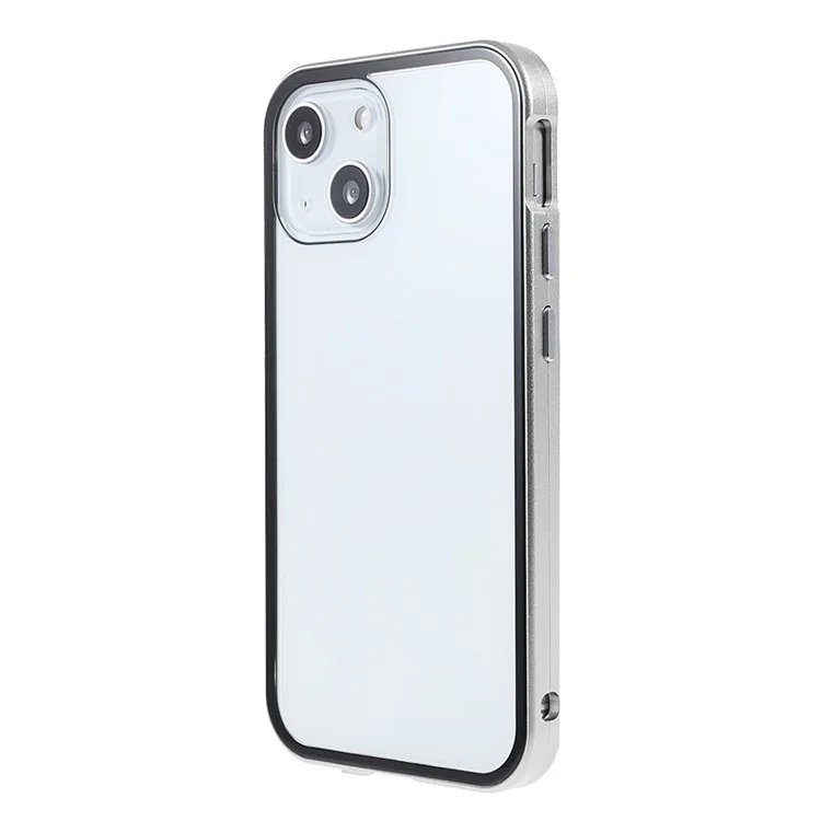 Carcasa de teléfono de metal con marco magnético resistente a los arañazos + vidrio templado de doble cara con protección antirreflejo de 35 grados para iPhone 13 mini de 5.4 pulgadas - Plata