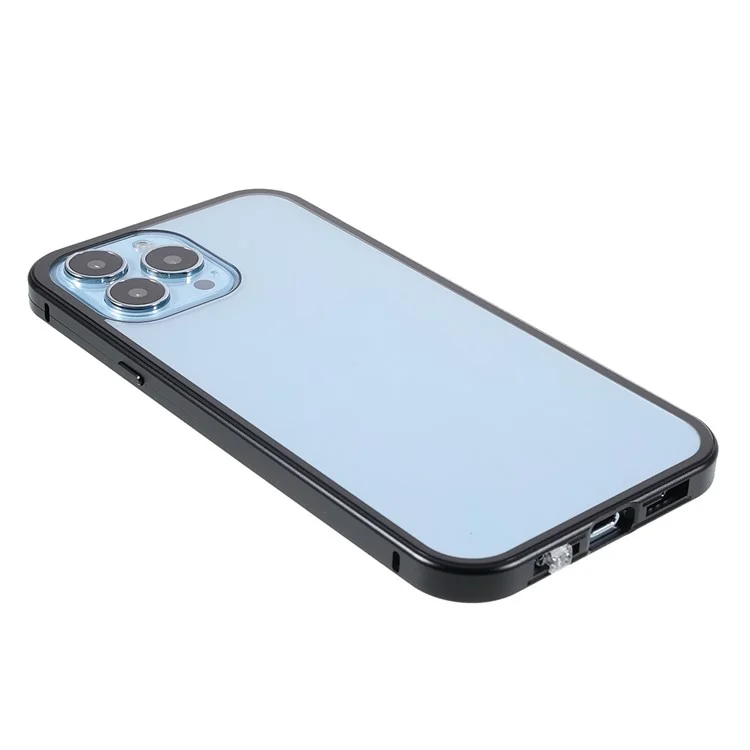 Vidrio Templado Brillante Y Transparente De Doble Cara A Prueba De Gota + Funda De Teléfono Magnética De Marco De Metal Para IPhone 13 Pro 6.1 Pulgadas - Negro