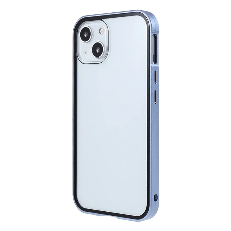 Drop and Shock Resistant Bright Double-sided Tempered Glass + Magnetic Metal Frame Phone Case for iPhone 13 6.1 inch - Blue