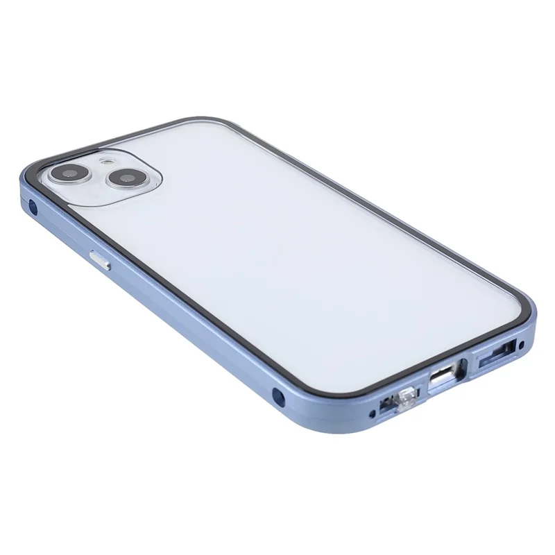 Drop and Shock Resistant Bright Double-sided Tempered Glass + Magnetic Metal Frame Phone Case for iPhone 13 6.1 inch - Blue