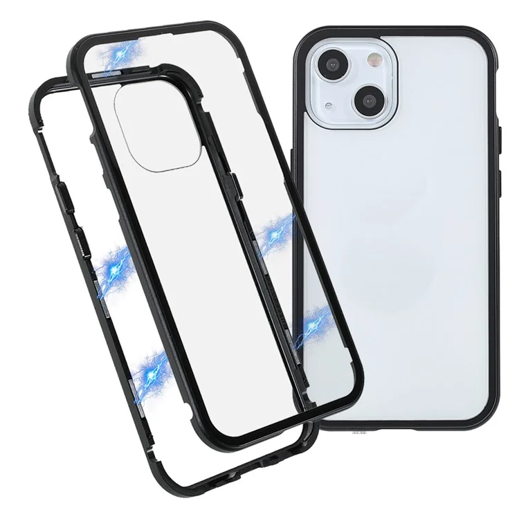 Drop and Shock Resistant Bright Double-sided Tempered Glass + Magnetic Metal Frame Phone Case for iPhone 13 6.1 inch - Black