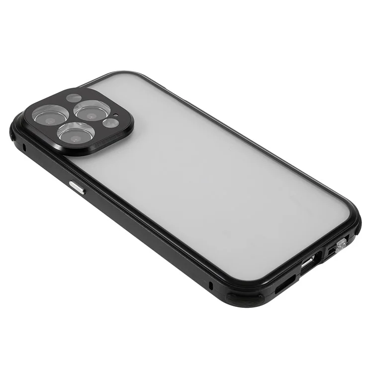 Per iPhone 13 Pro Max 6.7 pollici Shock-Absorbed Anti-Spy Double-Sided Tempered Glass + Lock Buckle Design Magnetic Metal Frame Phone Case - Nero