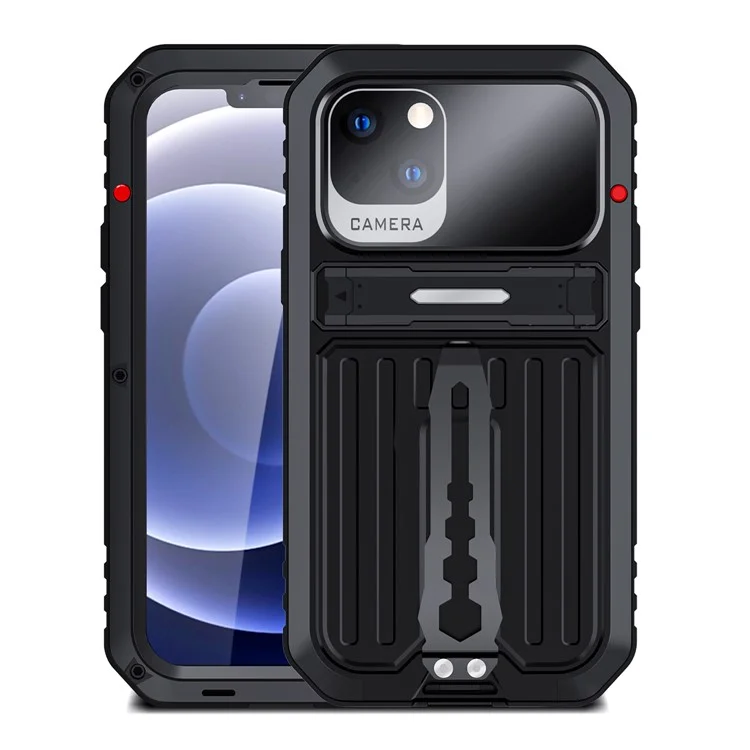 Anti-Drop TPU+Metall Hybrid Case Kickstand Shell mit Panzerglas-Folie und Gurt für iPhone 13 6.1 Zoll - Schwarz
