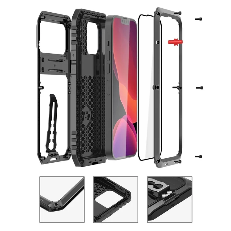 Anti-Drop TPU+Metall Hybrid Case Kickstand Shell mit Panzerglas-Folie und Gurt für iPhone 13 6.1 Zoll - Schwarz