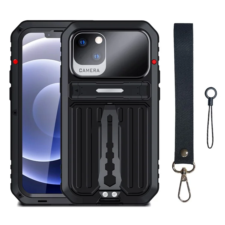Anti-Drop TPU+Metall Hybrid Case Kickstand Shell mit Panzerglas-Folie und Gurt für iPhone 13 6.1 Zoll - Schwarz