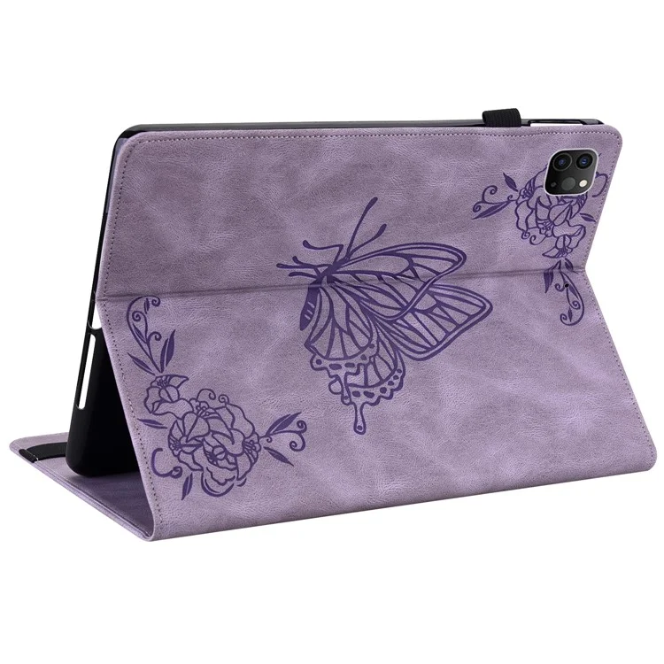 Imprinted Butterfly Flower Card Slots Folio Stand Cover Tablet Leather Case with Elastic Band for iPad Air (2020)/Air (2022) / Pro 11-inch (2021) - Purple