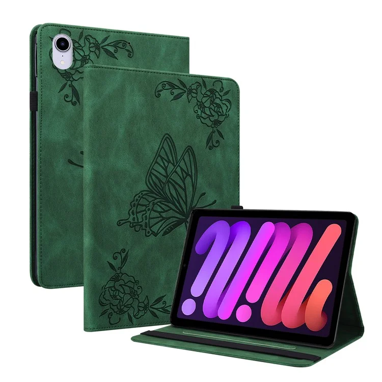 Butterfly Flower Leather Stand Cards Slot Cover with Elastic Band for iPad mini (2024) / mini (2021) - Green
