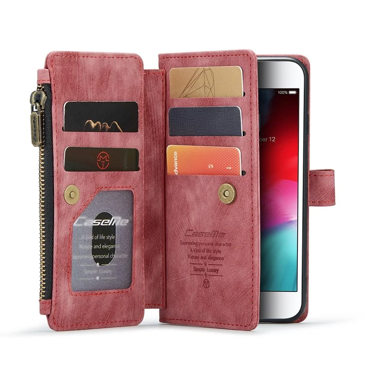 CASEME C30 Series Multiple Card Slots PU Leather Stand Wallet Case Protector for iPhone SE (2022)/SE (2020)/8/7/6 - Red