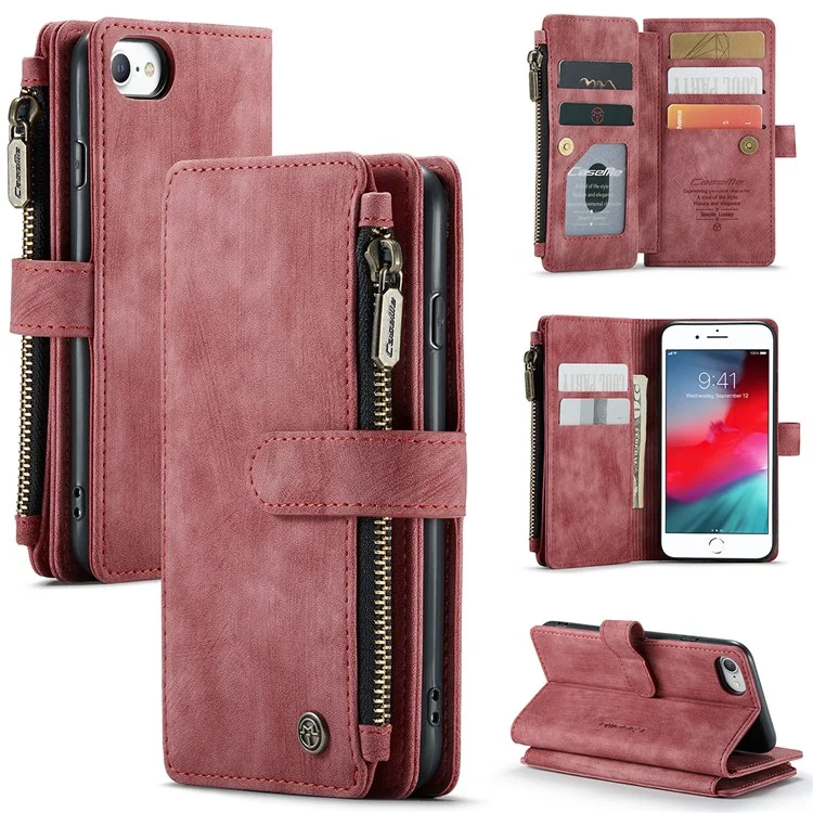 CASEME C30 Series Multiple Card Slots PU Leather Stand Wallet Case Protector for iPhone SE (2022)/SE (2020)/8/7/6 - Red