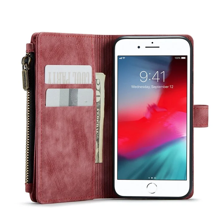 CASEME C30 Series Multiple Card Slots PU Leather Stand Wallet Case Protector for iPhone SE (2022)/SE (2020)/8/7/6 - Red