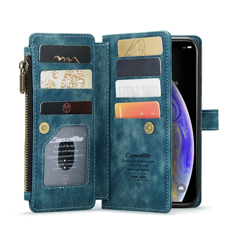 Caseme C30 Серия Слоты С Несколькими Картами Стенд Кошелек Двухсторонний Магнитный Зажим PU Кожаный Чехол С Карманом Молнии Для IPhone XS MAX 6,5 Дюйма - Зеленый