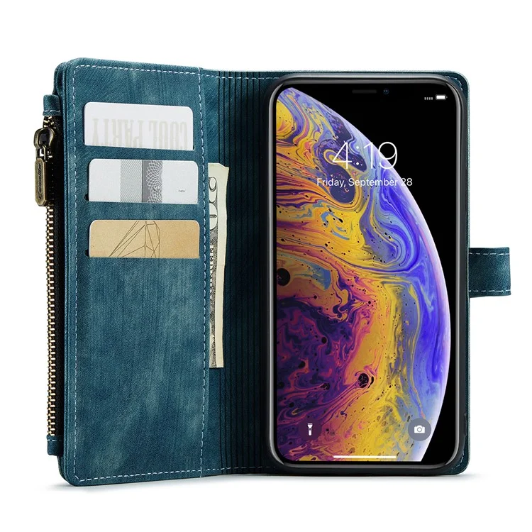 Caseme C30 Серия Слоты С Несколькими Картами Стенд Кошелек Двухсторонний Магнитный Зажим PU Кожаный Чехол С Карманом Молнии Для IPhone XS MAX 6,5 Дюйма - Зеленый