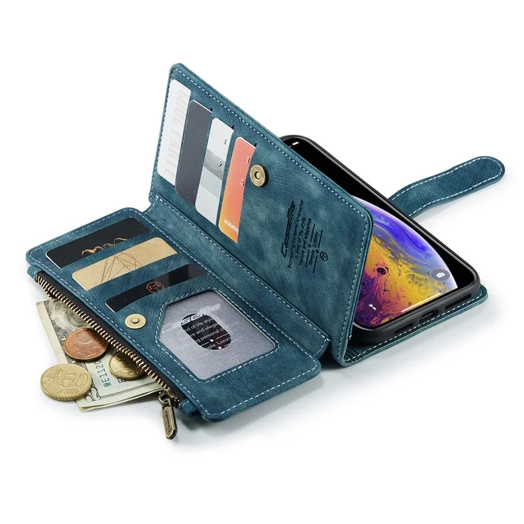 Caseme C30 Серия Слоты С Несколькими Картами Стенд Кошелек Двухсторонний Магнитный Зажим PU Кожаный Чехол С Карманом Молнии Для IPhone XS MAX 6,5 Дюйма - Зеленый