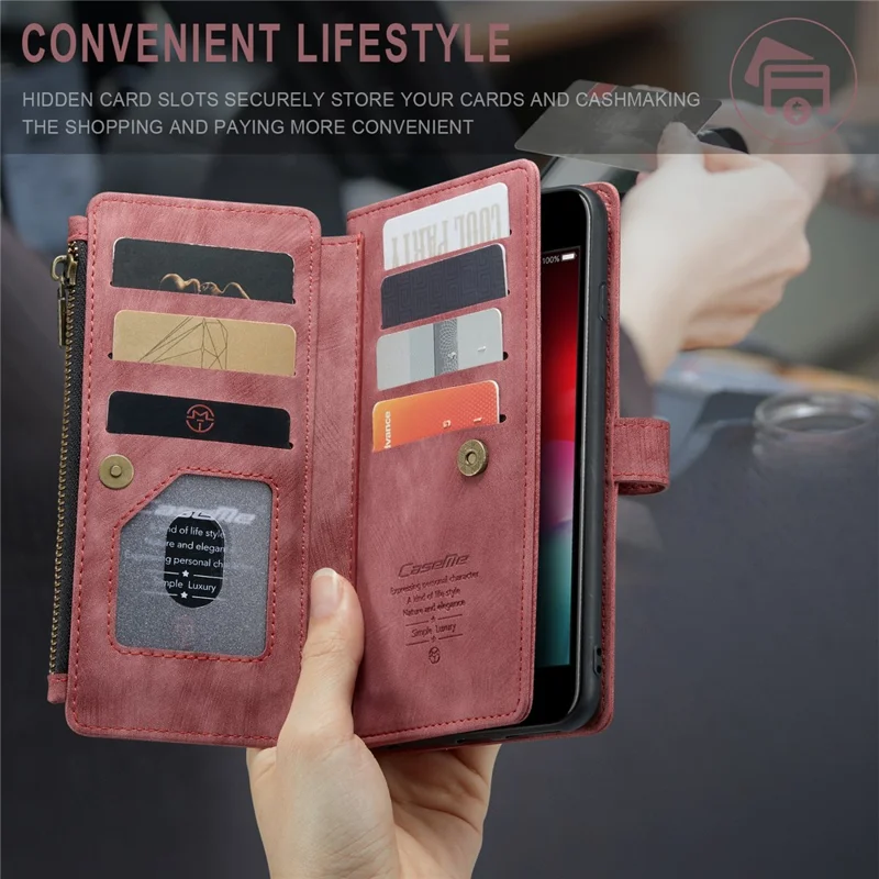 Fundas para iPhone 6 Plus / 7 Plus / 8 Plus con correa CASEME C30, funda de cuero PU con cremallera y soporte para varias tarjetas - Rojo