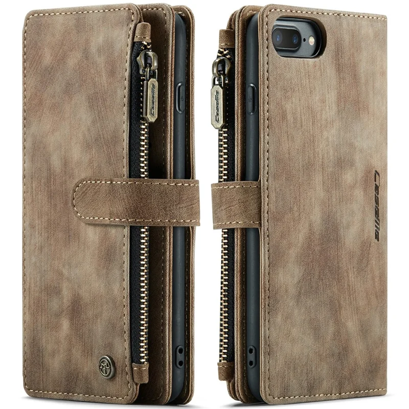 For iPhone 6 Plus / 7 Plus / 8 Plus Phone Cases with Strap CASEME C30 Zipper Multiple Card Holder PU Leather Cover - Brown