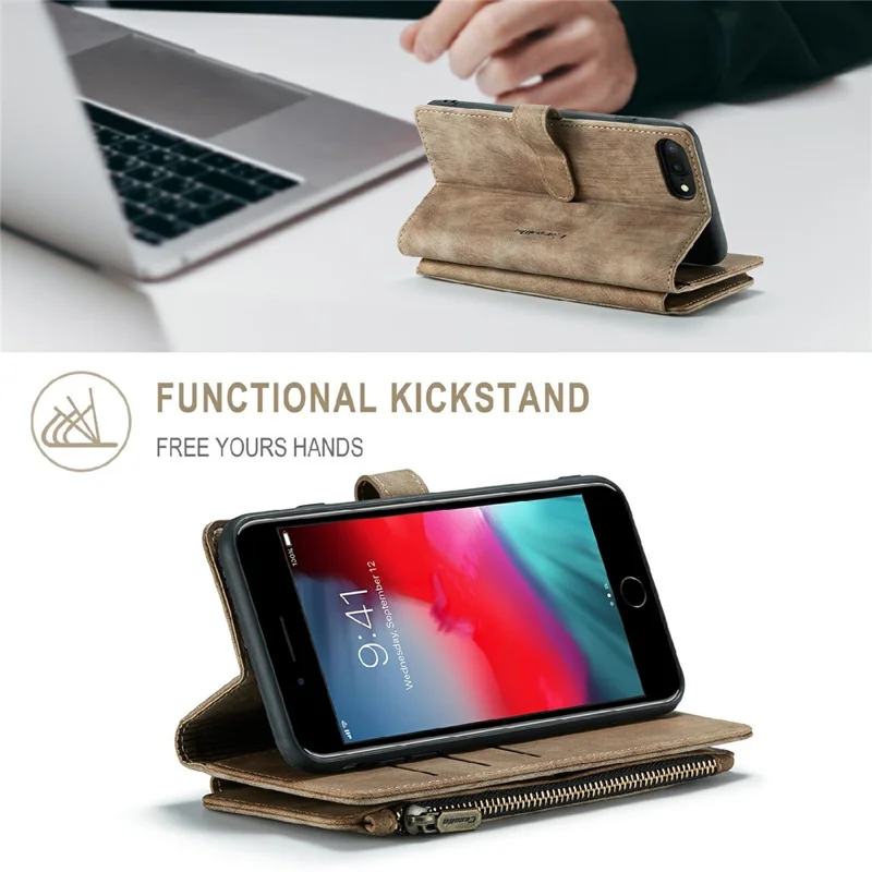 For iPhone 6 Plus / 7 Plus / 8 Plus Phone Cases with Strap CASEME C30 Zipper Multiple Card Holder PU Leather Cover - Brown