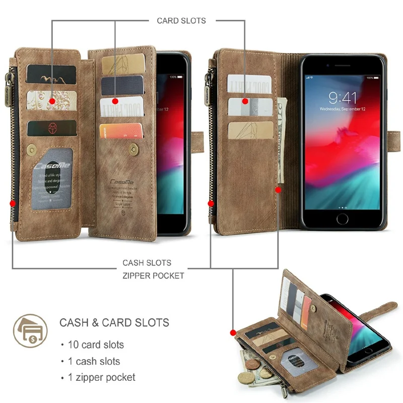 For iPhone 6 Plus / 7 Plus / 8 Plus Phone Cases with Strap CASEME C30 Zipper Multiple Card Holder PU Leather Cover - Brown