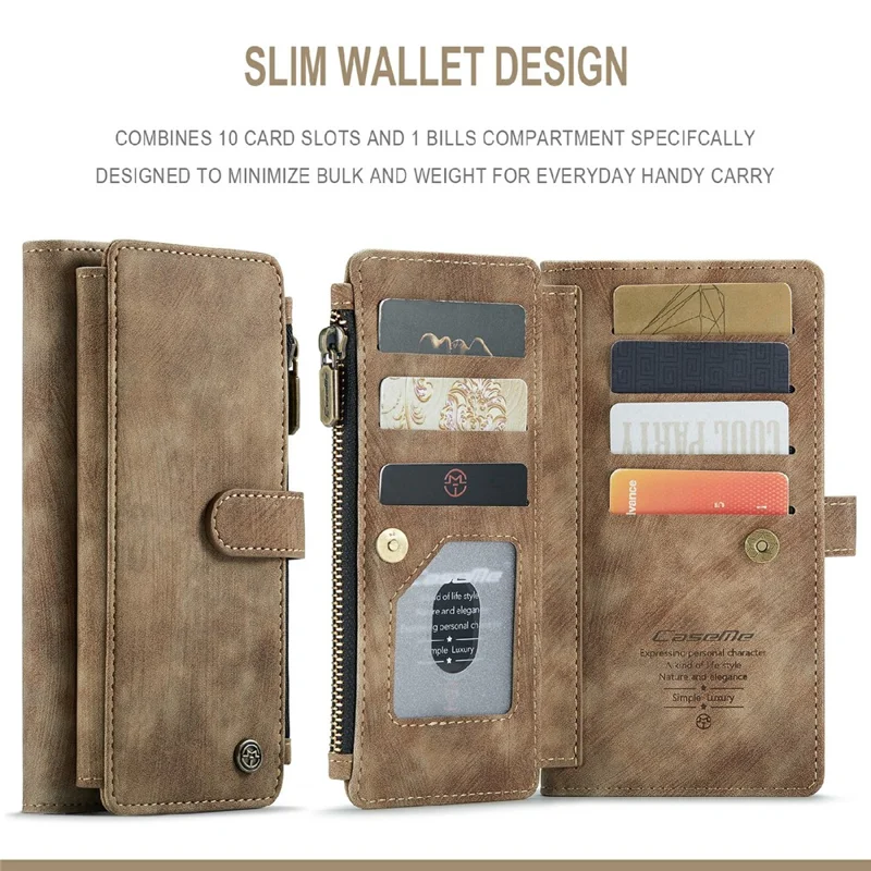For iPhone 6 Plus / 7 Plus / 8 Plus Phone Cases with Strap CASEME C30 Zipper Multiple Card Holder PU Leather Cover - Brown