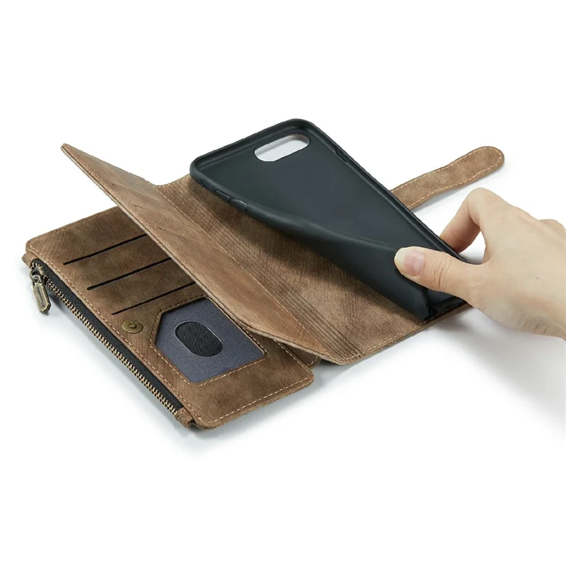 For iPhone 6 Plus / 7 Plus / 8 Plus Phone Cases with Strap CASEME C30 Zipper Multiple Card Holder PU Leather Cover - Brown