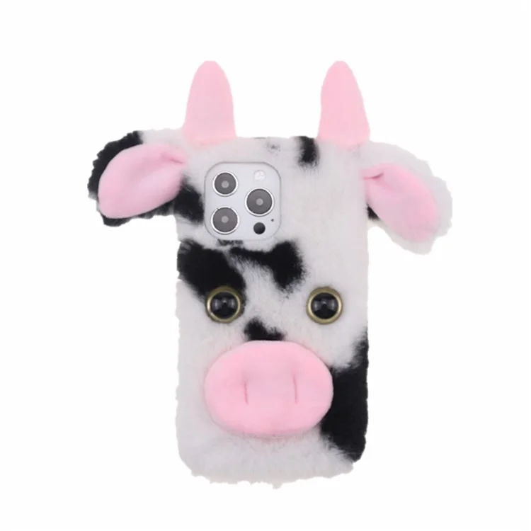 Cute 3D Funny Cartoon Milk Cow Handmade Fluffy Furry Plush Soft Flexible TPU Case for iPhone 13 Pro Max 6.7 inch - Black