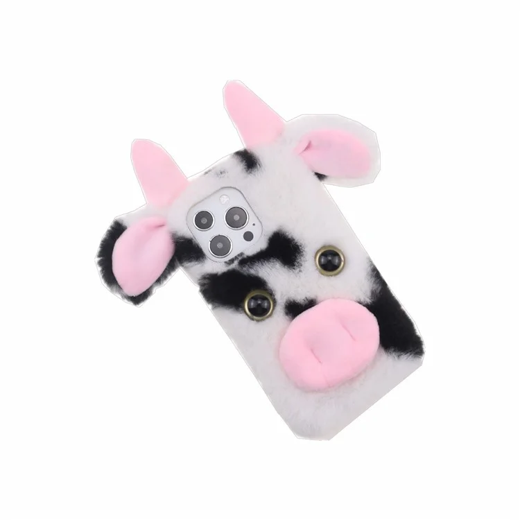 Cute 3D Funny Cartoon Milk Cow Handmade Fluffy Furry Plush Soft Flexible TPU Case for iPhone 13 Pro Max 6.7 inch - Black