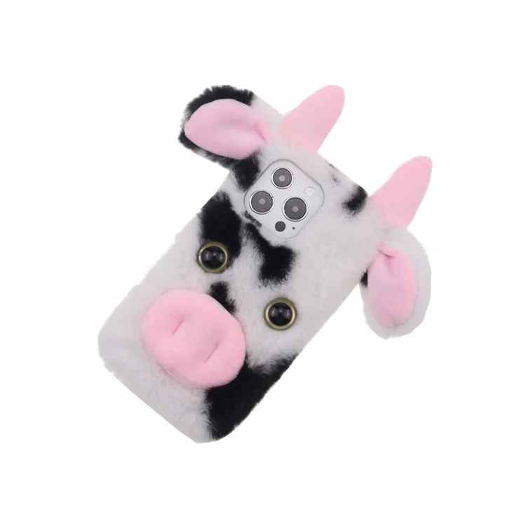 Cute 3D Funny Cartoon Milk Cow Handmade Fluffy Furry Plush Soft Flexible TPU Case for iPhone 13 Pro Max 6.7 inch - Black