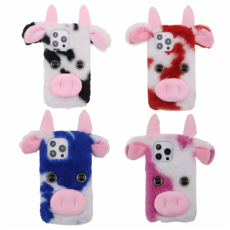 Cute 3D Funny Cartoon Milk Cow Handmade Fluffy Furry Plush Soft Flexible TPU Case for iPhone 13 Pro Max 6.7 inch - Black