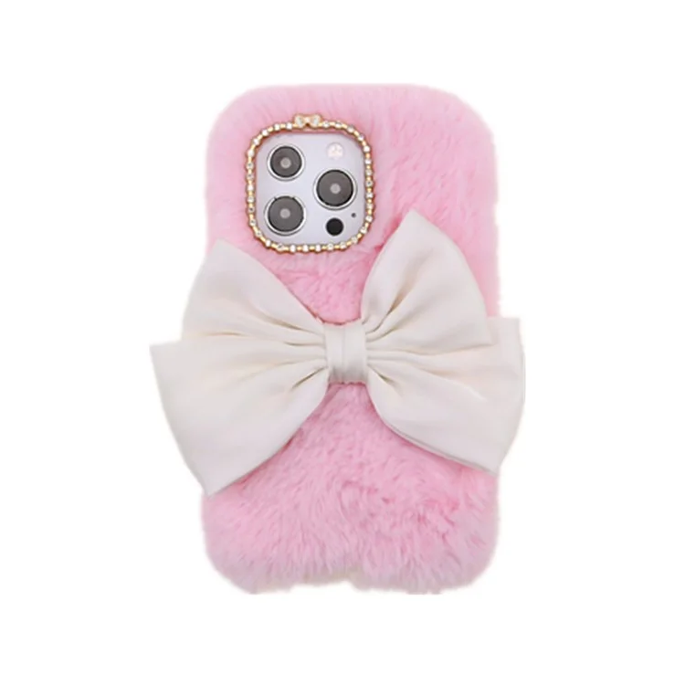 Cute 3D Bowknot Fuzzy Furry Warm Plush Fluffy Fur Soft TPU Back Case with Bling Rhinestone for iPhone 13 Pro 6.1 inch - Pink