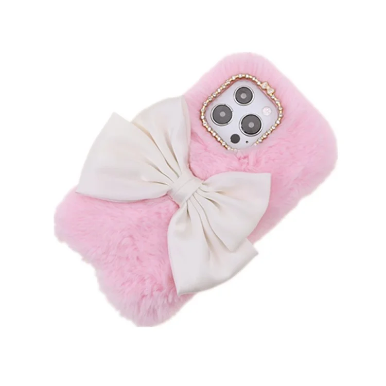 Cute 3D Bowknot Fuzzy Furry Warm Plush Fluffy Fur Soft TPU Back Case with Bling Rhinestone for iPhone 13 Pro 6.1 inch - Pink