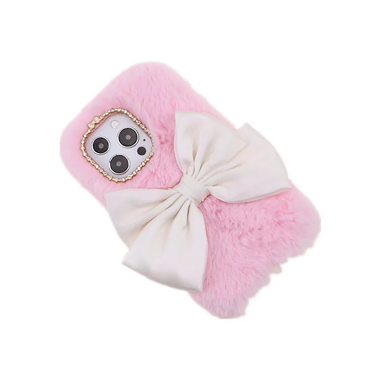 Cute 3D Bowknot Fuzzy Furry Warm Plush Fluffy Fur Soft TPU Back Case with Bling Rhinestone for iPhone 13 Pro 6.1 inch - Pink