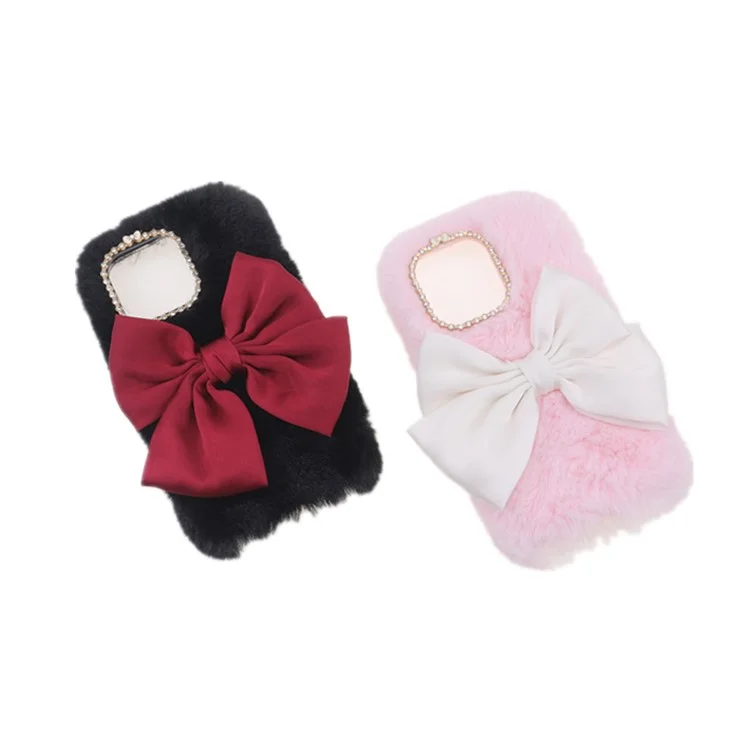 Cute 3D Bowknot Fuzzy Furry Warm Plush Fluffy Fur Soft TPU Back Case with Bling Rhinestone for iPhone 13 Pro 6.1 inch - Pink