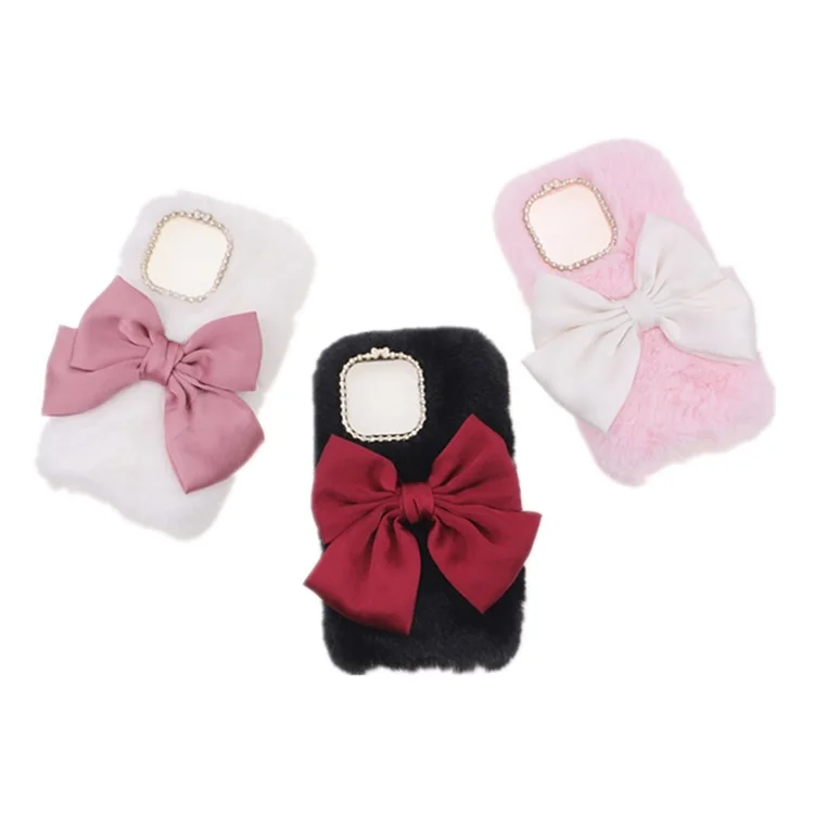 Cute 3D Bowknot Fuzzy Furry Warm Plush Fluffy Fur Soft TPU Back Case with Bling Rhinestone for iPhone 13 Pro 6.1 inch - Pink