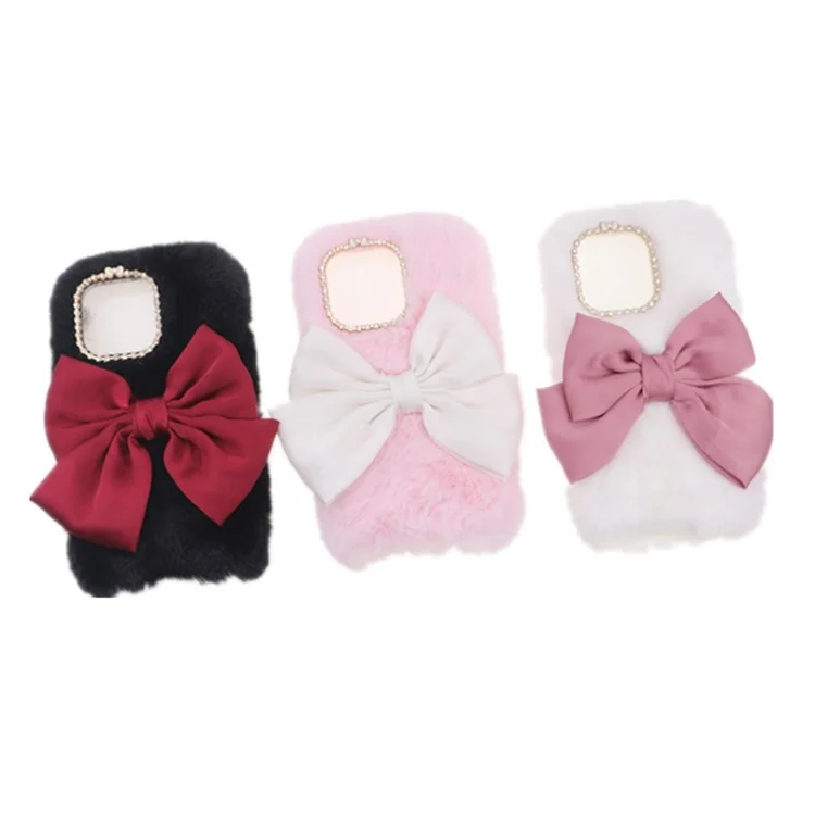 Cute 3D Bowknot Fuzzy Furry Warm Plush Fluffy Fur Soft TPU Back Case with Bling Rhinestone for iPhone 13 Pro 6.1 inch - Pink